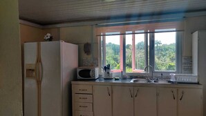 Una cucina con frigorifero, microonde, lavello e pensili.
