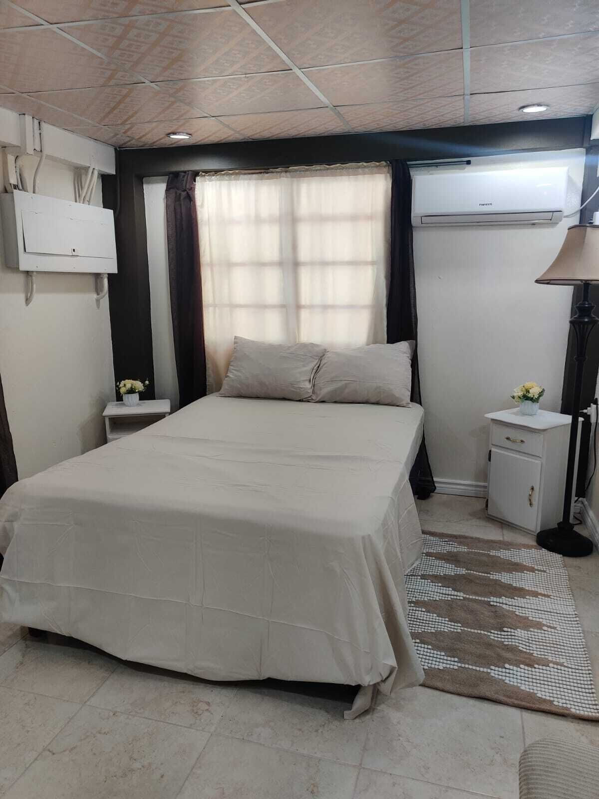 Una camera da letto con un grande letto, un comodino, una lampada, un condizionatore d'aria e una finestra con tende.