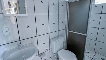 Shower, towels, soap, toilet paper
