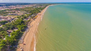 Vista aérea de una zona costera con playa, hileras de sombrillas y una fila de casas a lo largo de la orilla.