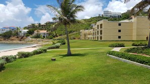 A beachfront hotel with a well-maintained lawn, palm trees, and a view of the ocean. -  
Perfect 3 bedroom family villa ,beach front view 2 minutes walk to the beach (Upper Prince's Quarter)