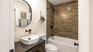 Eco-friendly toiletries, hair dryer, towels, soap