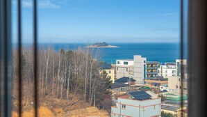 A coastal residential area with buildings, a forested hillside, and a small island in the distance.