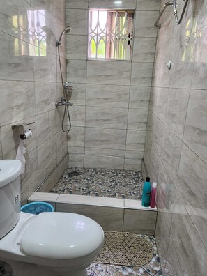 Shower, jetted tub, towels, soap
