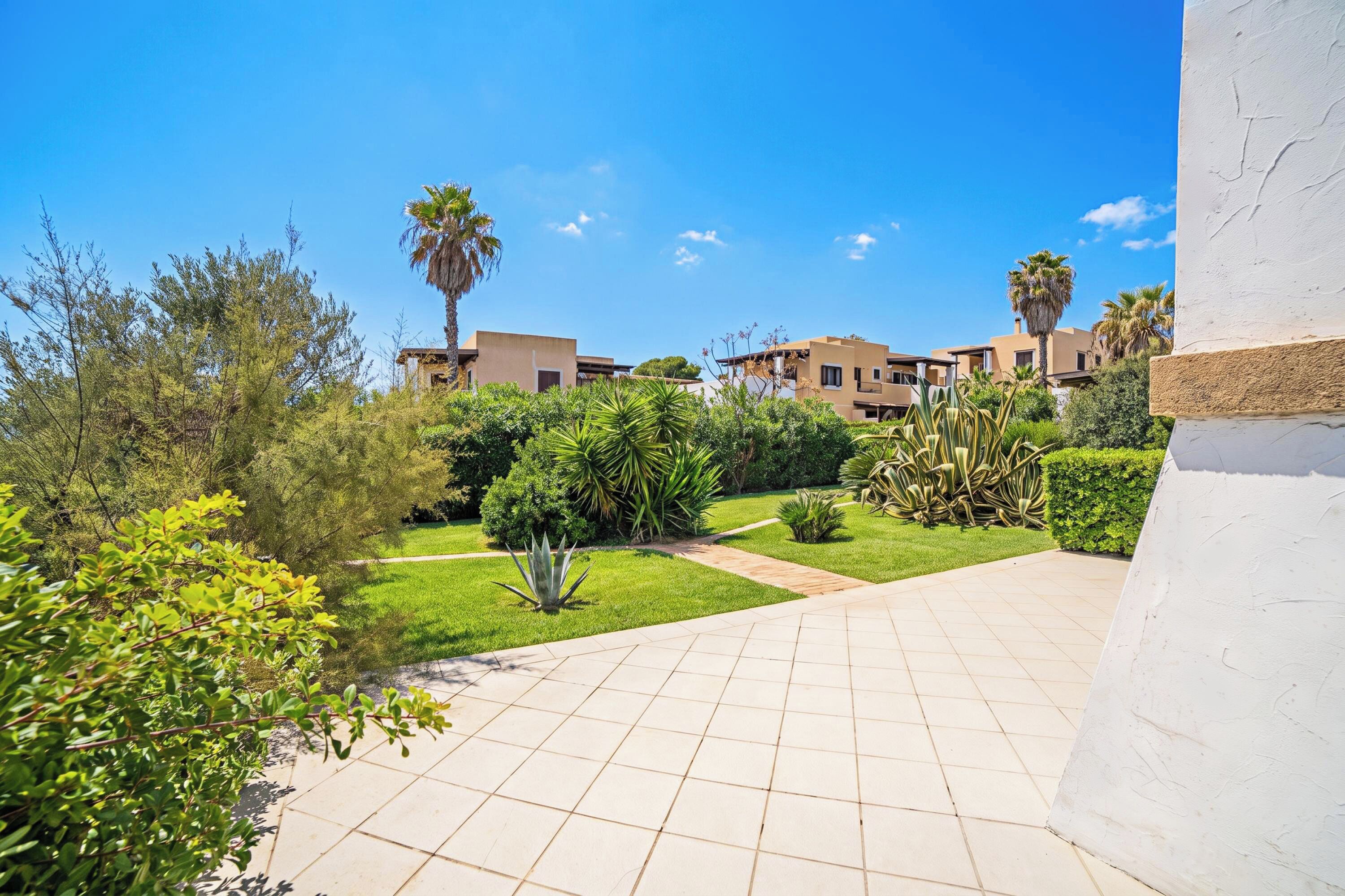 A courtyard with a tiled pathway leading to a building with multiple balconies, surrounded by lush greenery and palm trees.