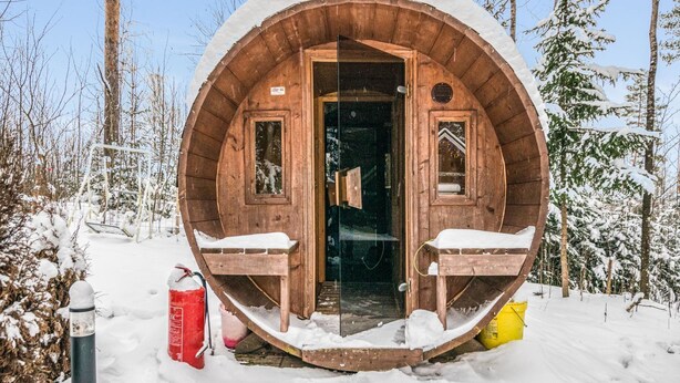 A wooden cabin with a circular entrance, two benches outside, and a door leading inside.