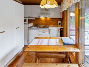 Fridge, microwave, cookware/dishes/utensils