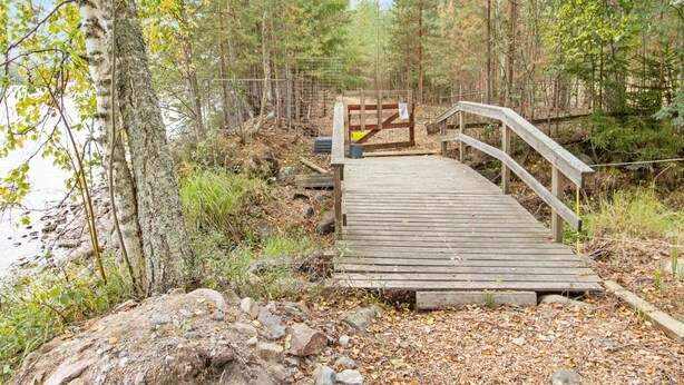 Un puente de madera que conduce a un área cercada con una pasarela de madera.