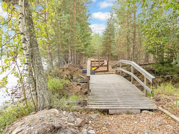 A wooden bridge leading to a wooden dock over a body of water, surrounded by trees and a natural landscape.
