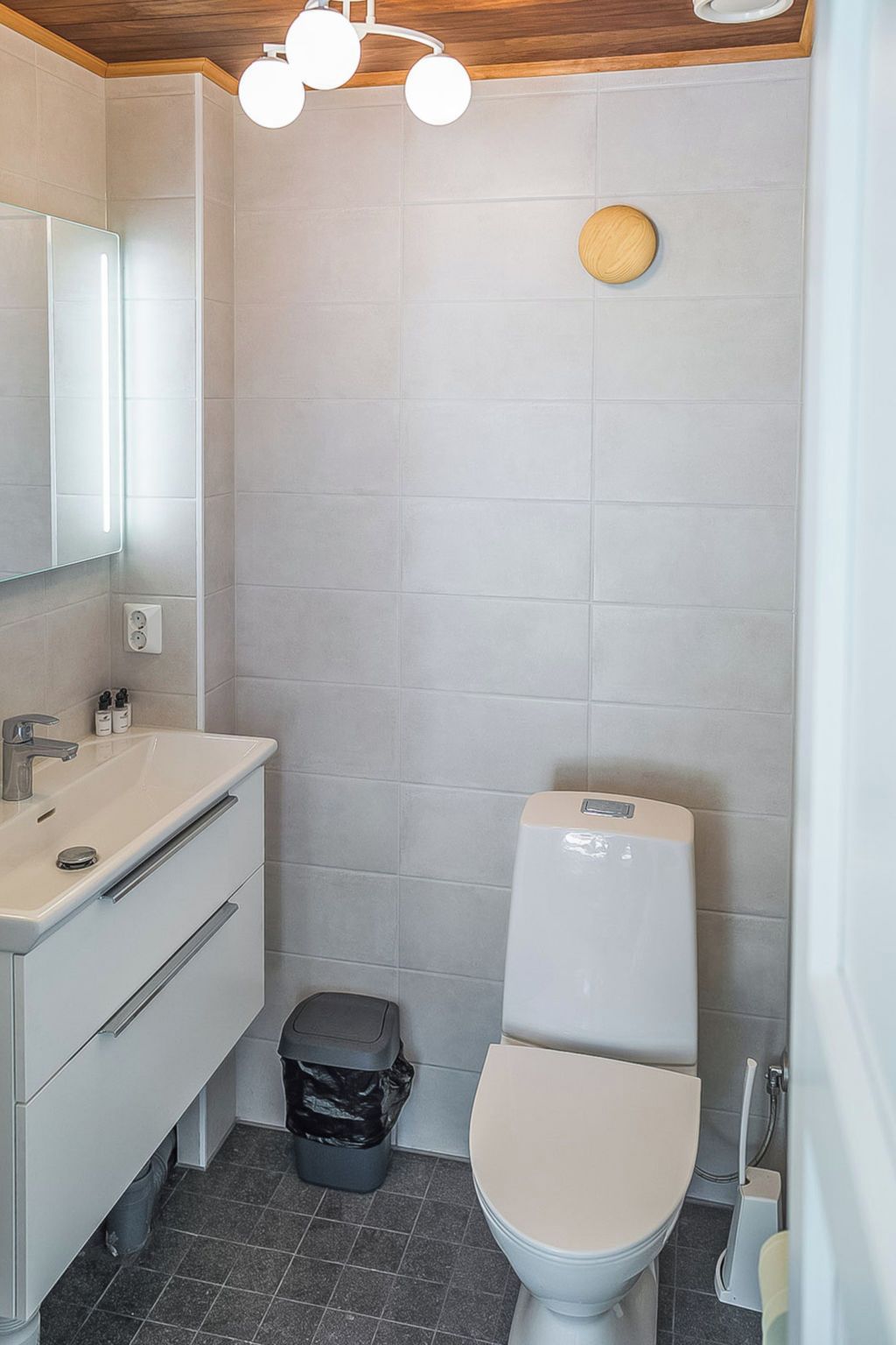 A bathroom with a toilet, sink, and mirror.