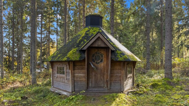 Une petite cabane en bois, dont le toit est recouvert de mousse, entourée de grands arbres dans une forêt.