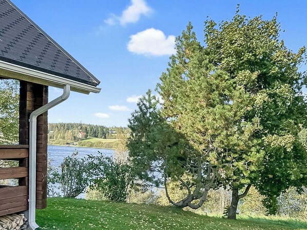 A wooden cabin with a sloped roof, a view of a lake, and a large evergreen tree in the foreground.