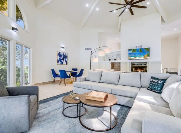 TV, fireplace, foosball, books