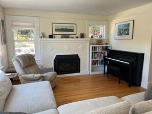 Fireplace, books, printers