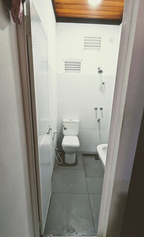 Douche, sèche-cheveux, bidet, serviettes fournies
