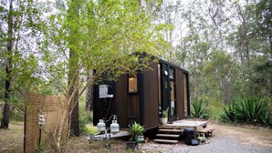 Une petite cabane en bois avec un porche, entourée d’arbres et de plantes.