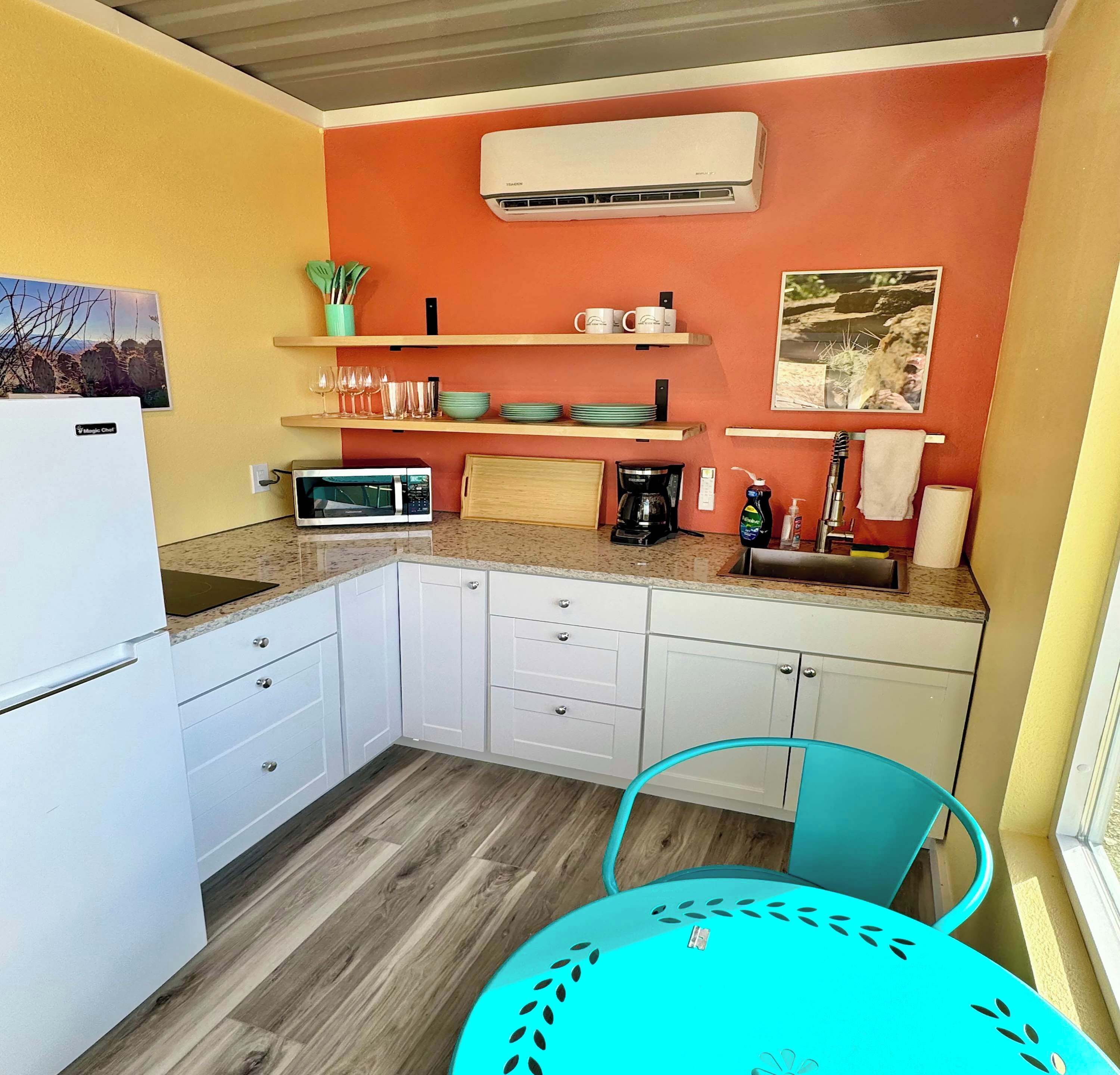 Fridge, microwave, stovetop, coffee/tea maker