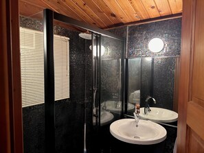Shower, hair dryer, towels, soap