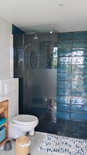 Ducha, secador de pelo, toallas, jabón