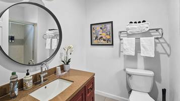 Hair dryer, towels, soap, toilet paper