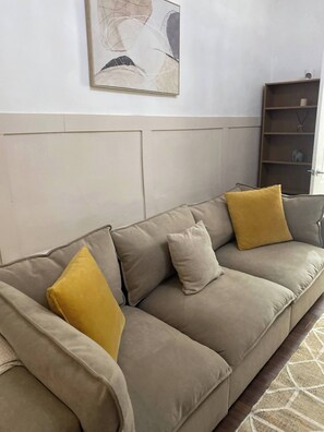 TV, fireplace, books