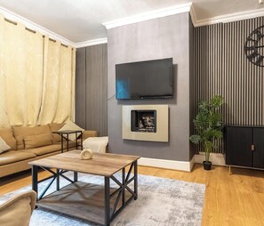 TV, fireplace, books