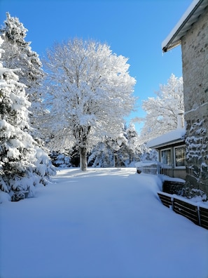 A snow-covered landscape with trees and a stone building.