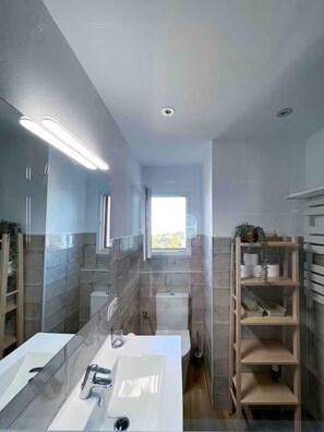 A narrow bathroom with a large mirror, a white sink, and a toilet. There is a shelf with toiletries and a window providing natural light.