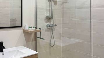 Shower, hair dryer, towels