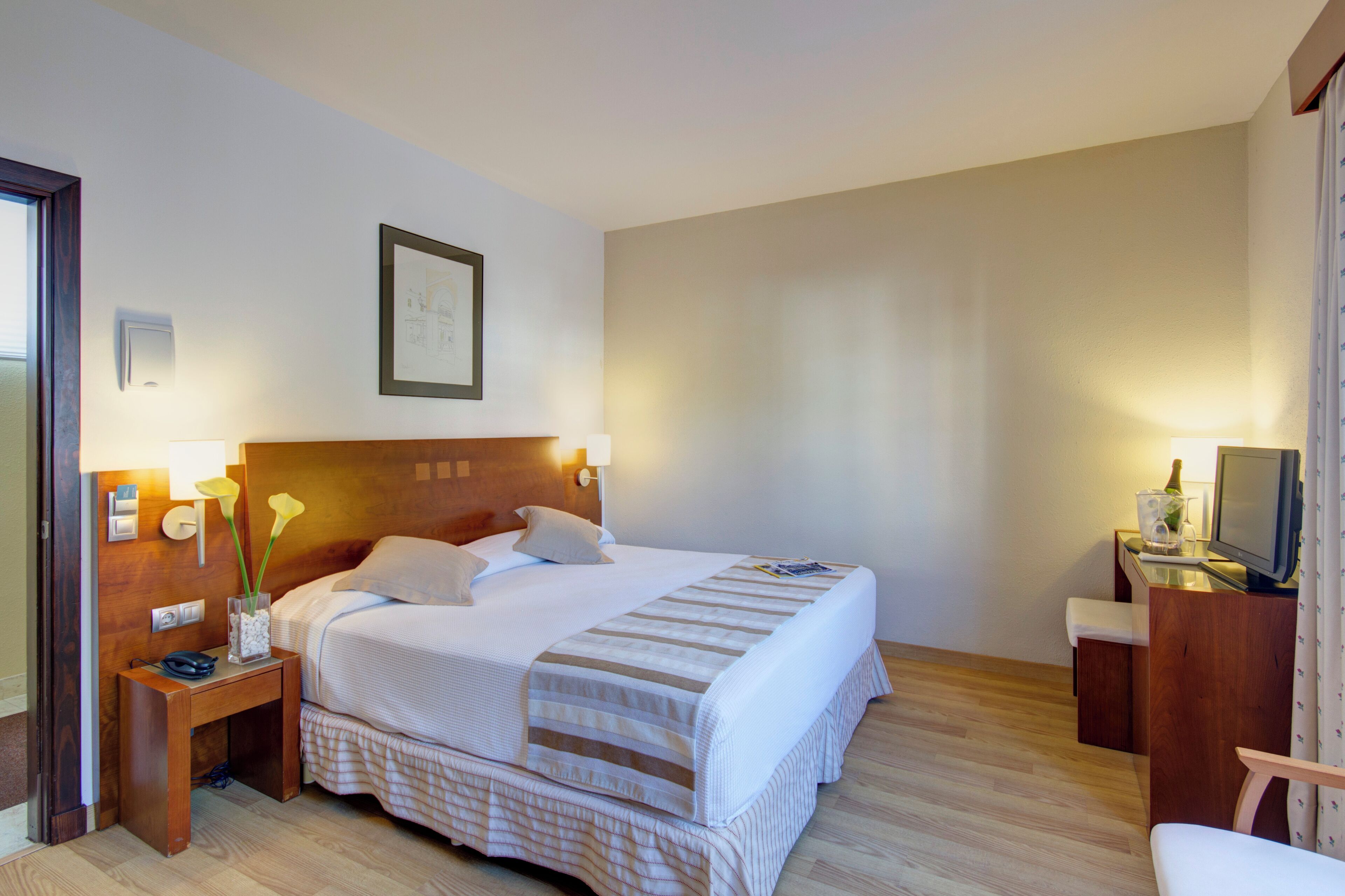 Habitación de hotel con cama, mesita de noche, lámpara, televisor y un pequeño escritorio con una silla.