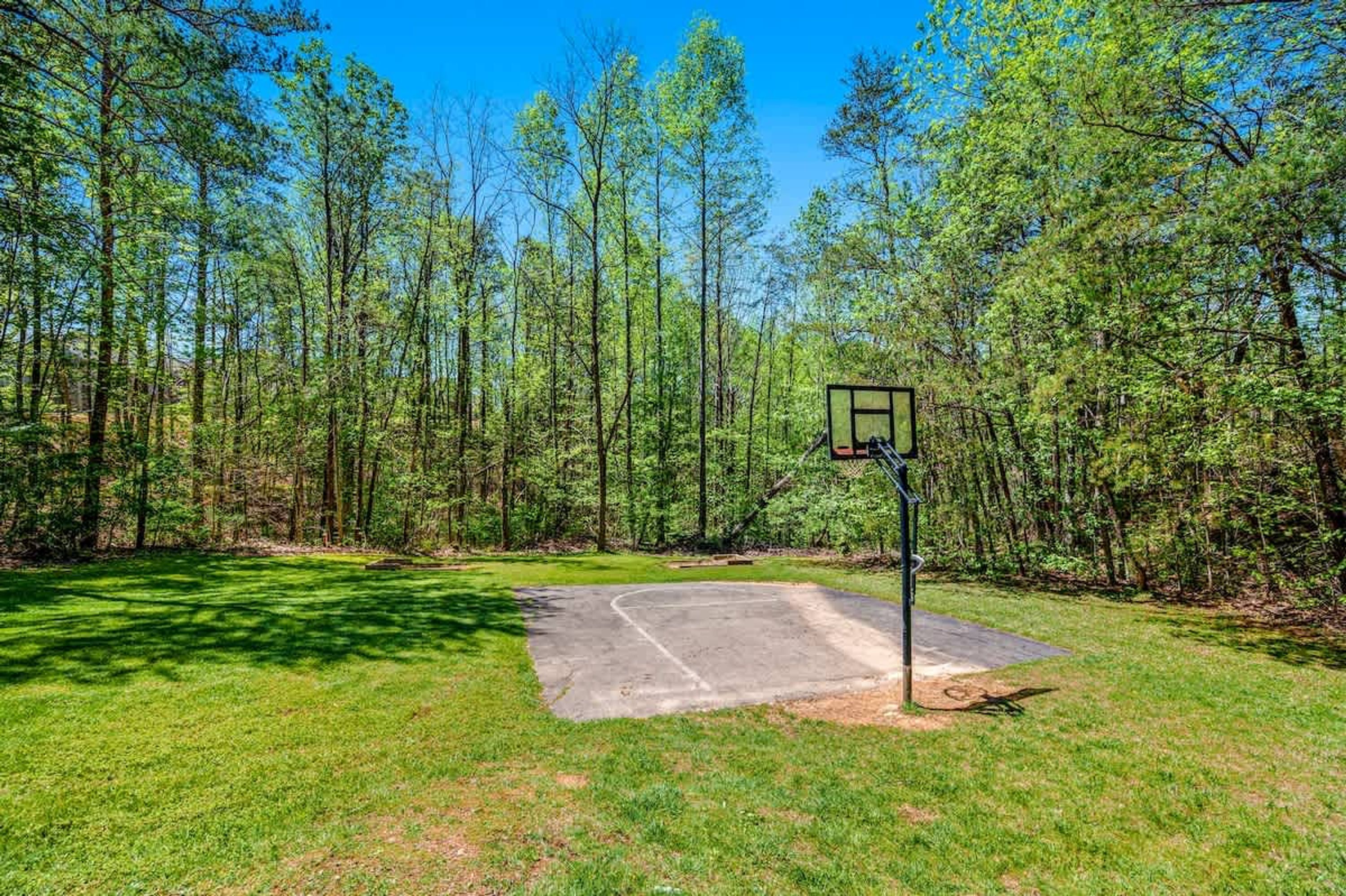 An outdoor basketball court surrounded by a forest.