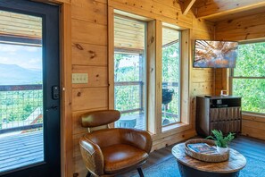Een houten interieur met een lederen fauteuil, een televisie en uitzicht op de omgeving.
