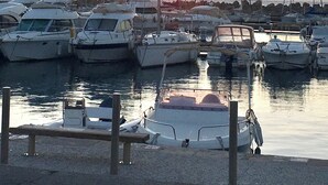 Un puerto deportivo con varias embarcaciones amarradas al muelle al atardecer.