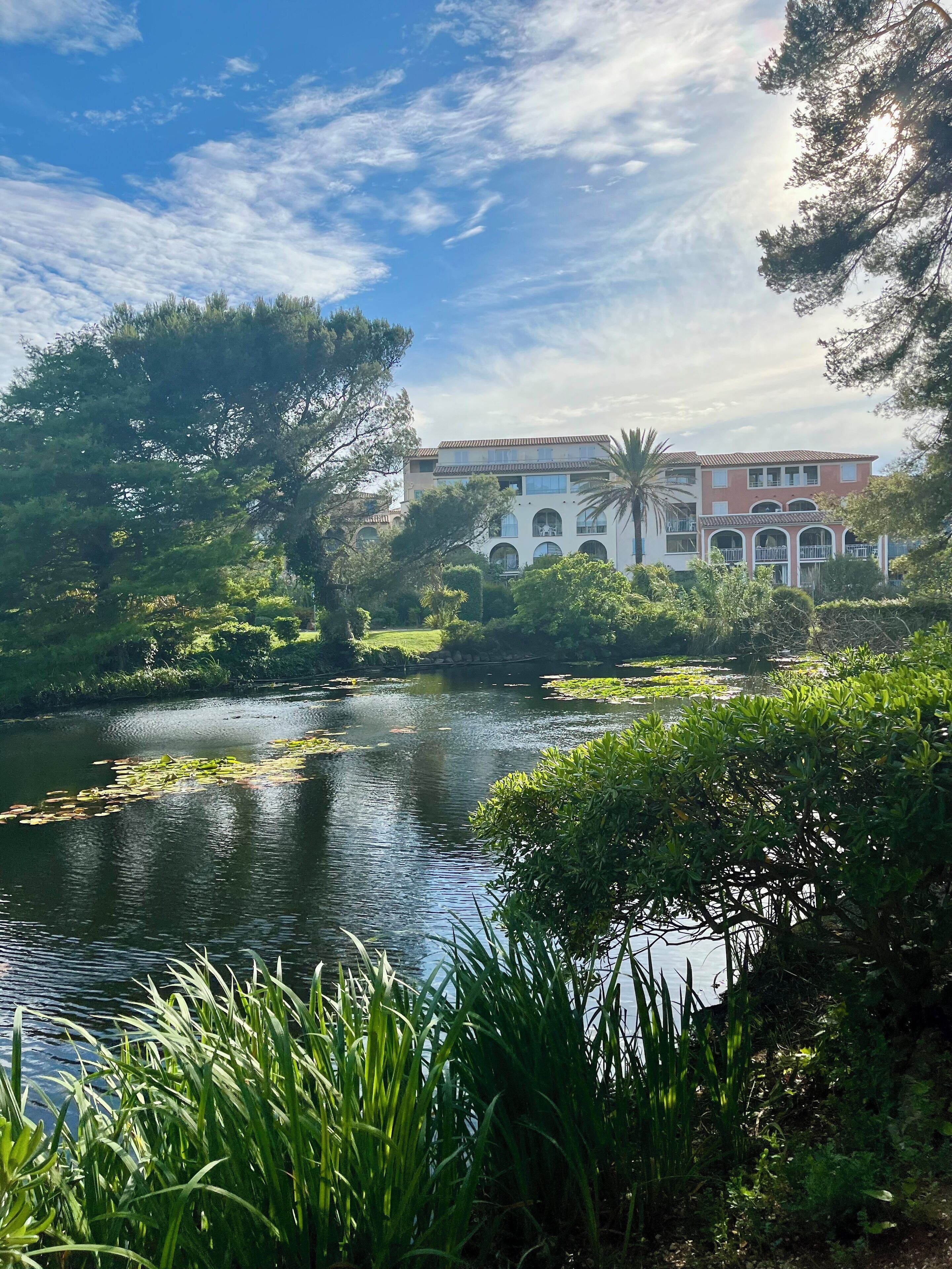 A serene landscape with a pond, lush greenery, and a multi-story building with arched windows and balconies.