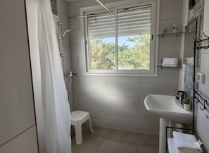 Regadera, bidet, toallas, jabón