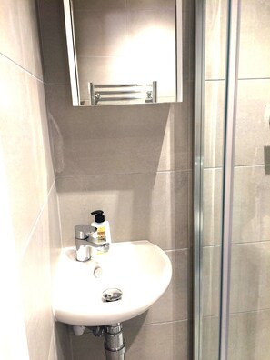 Shower, hair dryer, towels