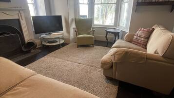 Smart TV, lareira, DVD player, livros