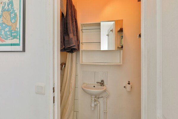 Une salle de bain avec un lavabo blanc, un miroir au-dessus et une serviette accrochée au mur.