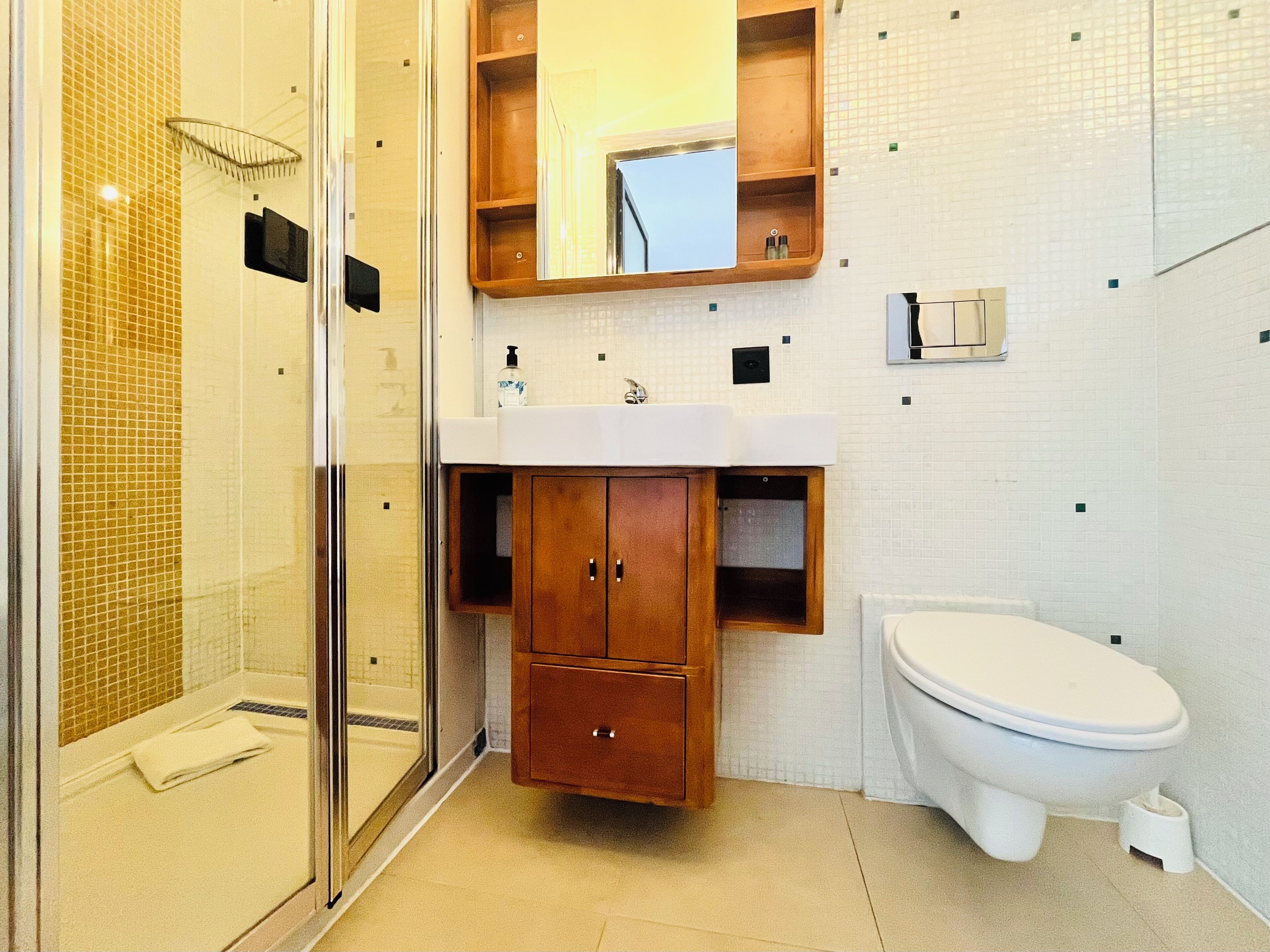 Chuveiro, secador de cabelo, toalhas de banho, sabonete