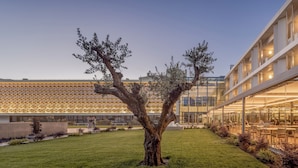 Un bâtiment moderne avec une façade en verre, un espace extérieur aménagé pour s’asseoir et un arbre au premier plan.