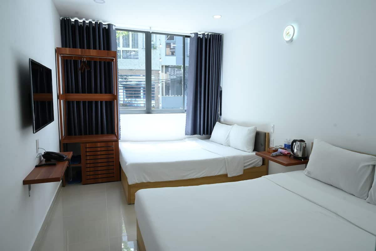 Minibar, desk, laptop workspace, blackout curtains