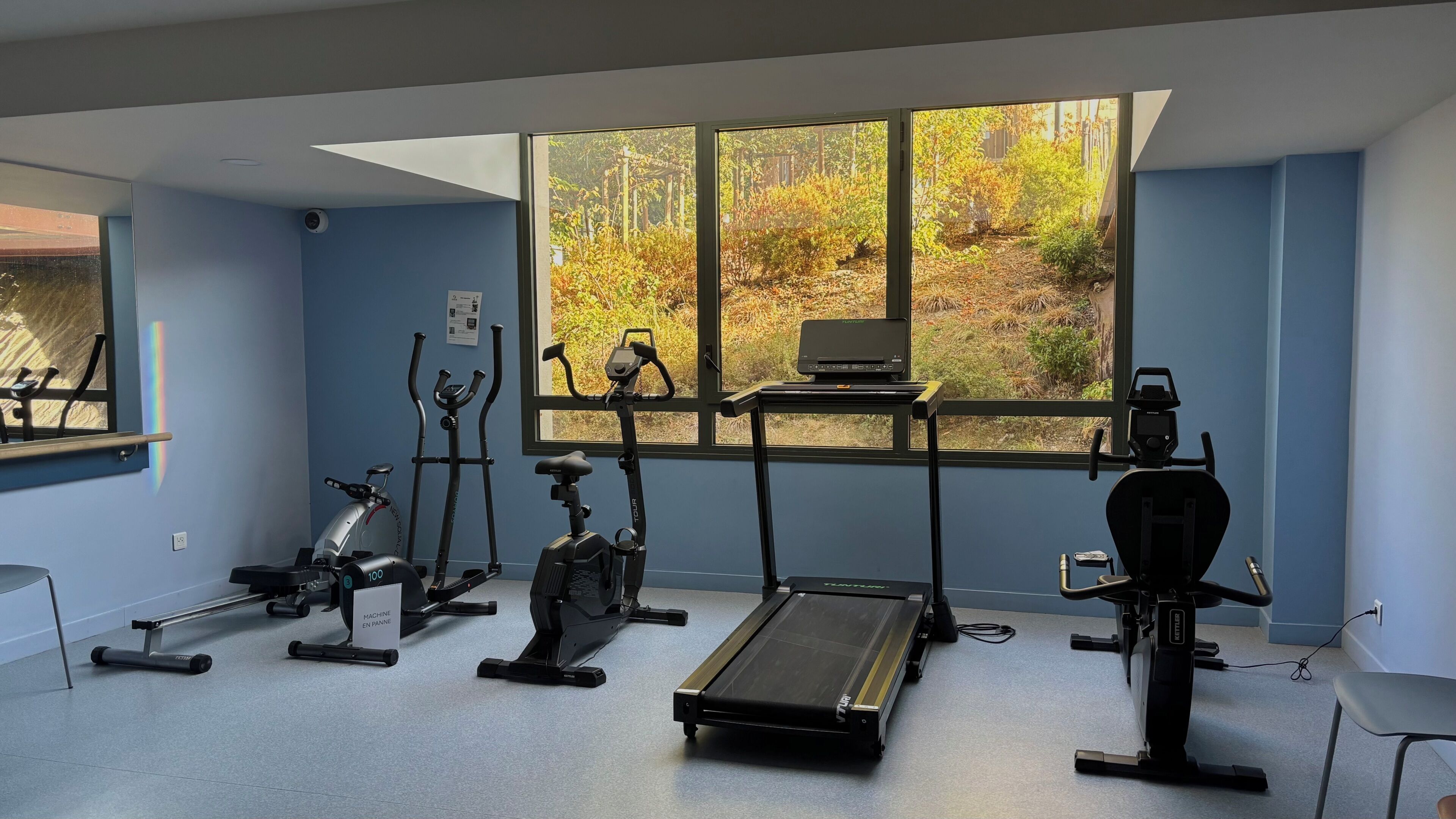 Une salle de sport équipée de divers appareils d’exercice, d’un tapis de course et offrant une vue sur un jardin grâce à de grandes fenêtres.
