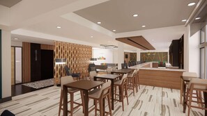 A modern hotel lobby with a reception desk, seating area, and a decorative wall. - Hilton Garden Inn Dayton Downtown (Dayton)