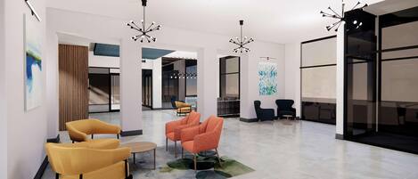 A modern lobby with a seating area, a staircase, and a large window with a view.