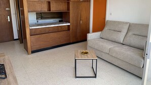 A compact living space with a kitchenette, a sofa, and a small table.