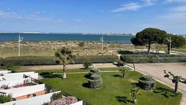 Vista costera con un jardín cuidado, palmeras y cielo azul despejado.