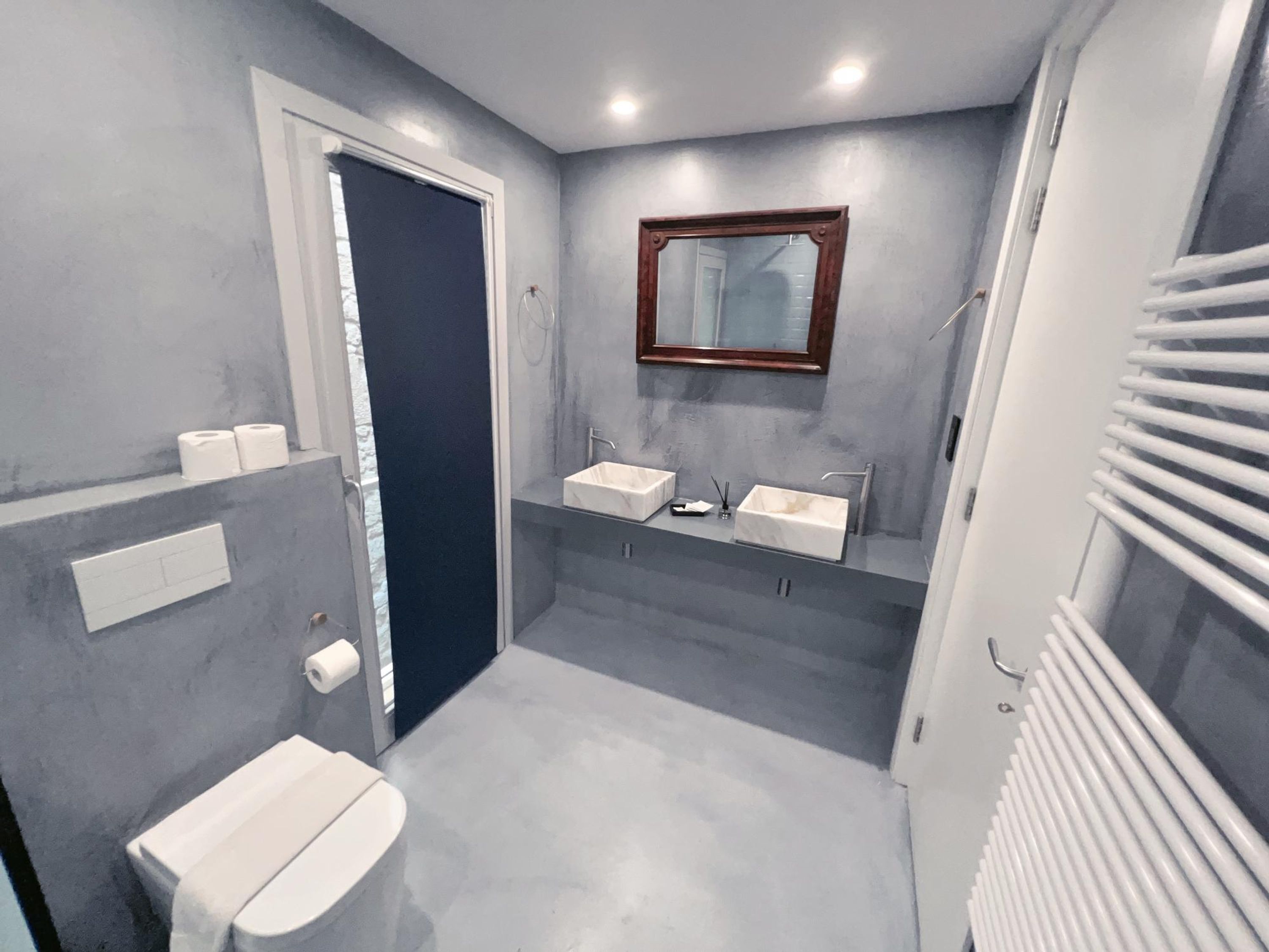 A bathroom with a toilet, two sinks, a shower, and a mirror.