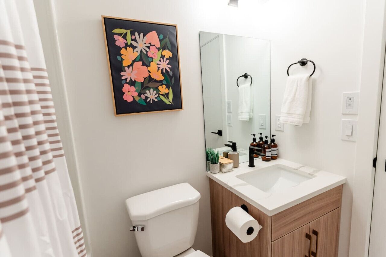 Un baño moderno con inodoro, lavabo y espejo. Hay una obra de arte floral enmarcada en la pared, un perchero y artículos de tocador sobre el lavabo.