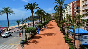 Une rue côtière bordée de palmiers et ponctuée de cafés en bord de mer, qui mène à une plage de sable.