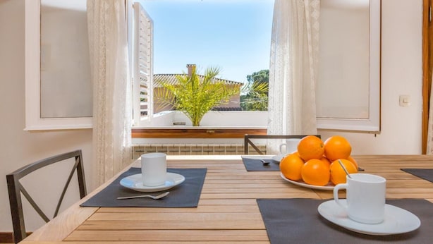 Un coin repas avec une table en bois, deux tasses blanches, une assiette d’oranges et une fenêtre donnant sur un immeuble et un arbre.